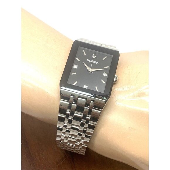 Bulova Men's Watch 96D145 Quartz Diamond Black Dial Rectangle Silver Ste… - Picture 5 of 13